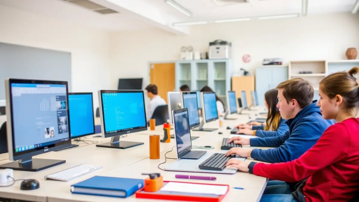 Imagen genérica de un aula moderna de formación profesional con estudiantes y herramientas.