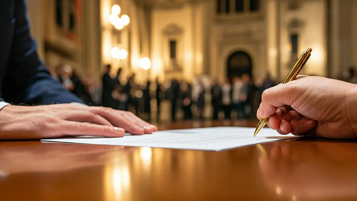 Imagen genérica de manos firmando un documento, simbolizando un acuerdo institucional.