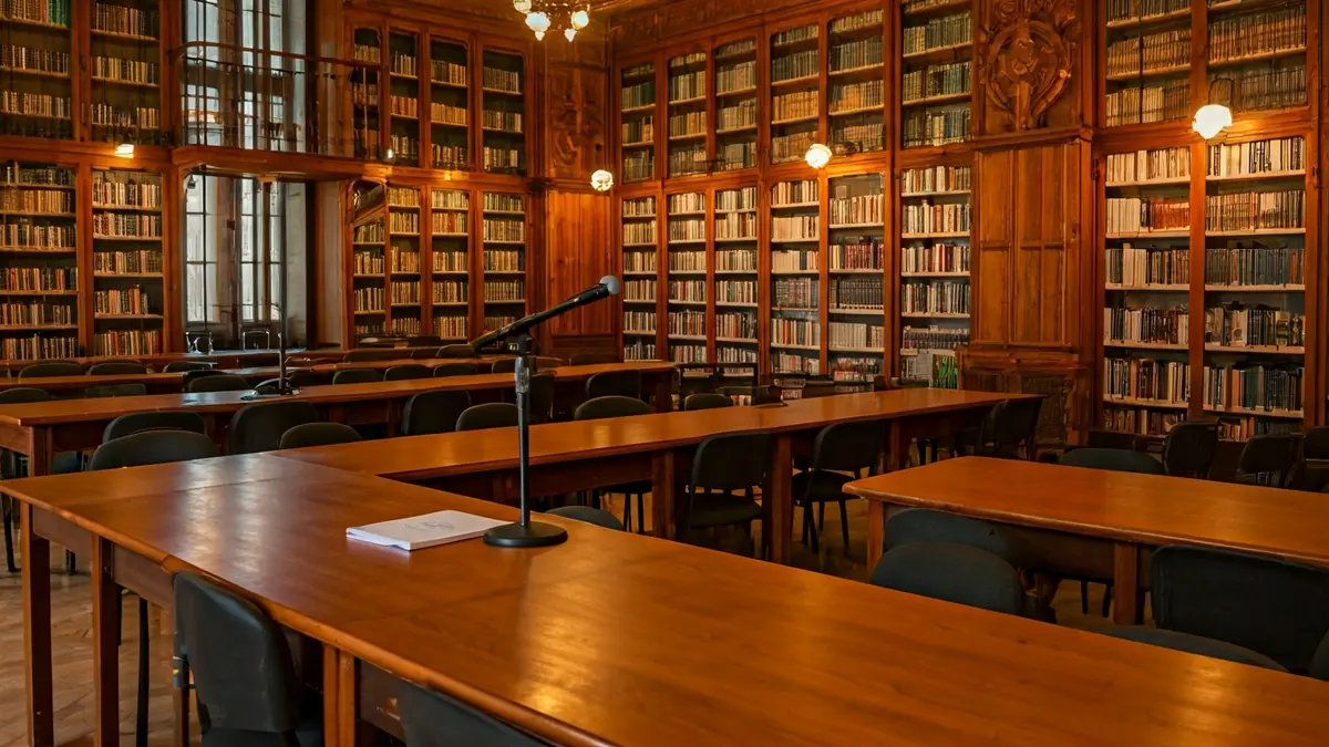 Generic image of a library interior with wooden bookshelves and a podium with a microphone, lit with warm light.