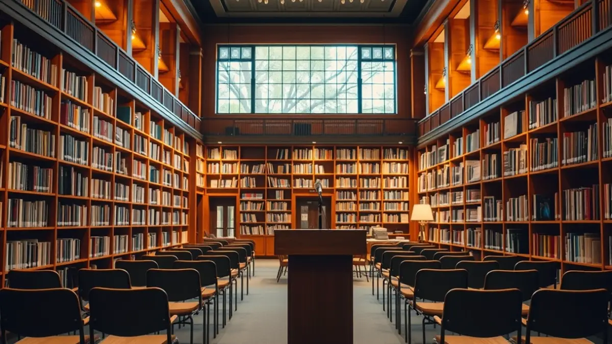 Imagen genérica de un interior de biblioteca con estanterías de madera y un podio con micrófono.