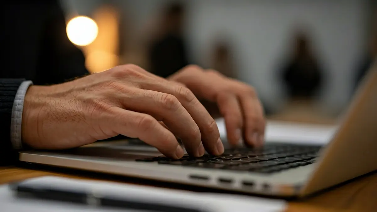 Imagen genérica de manos trabajando en un ordenador portátil con documentos.