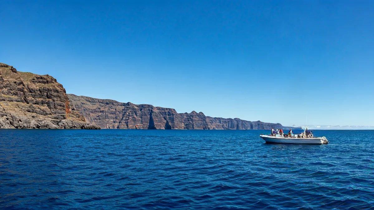Periodistas en una excursión marítima en La Gomera, observando el paisaje costero.