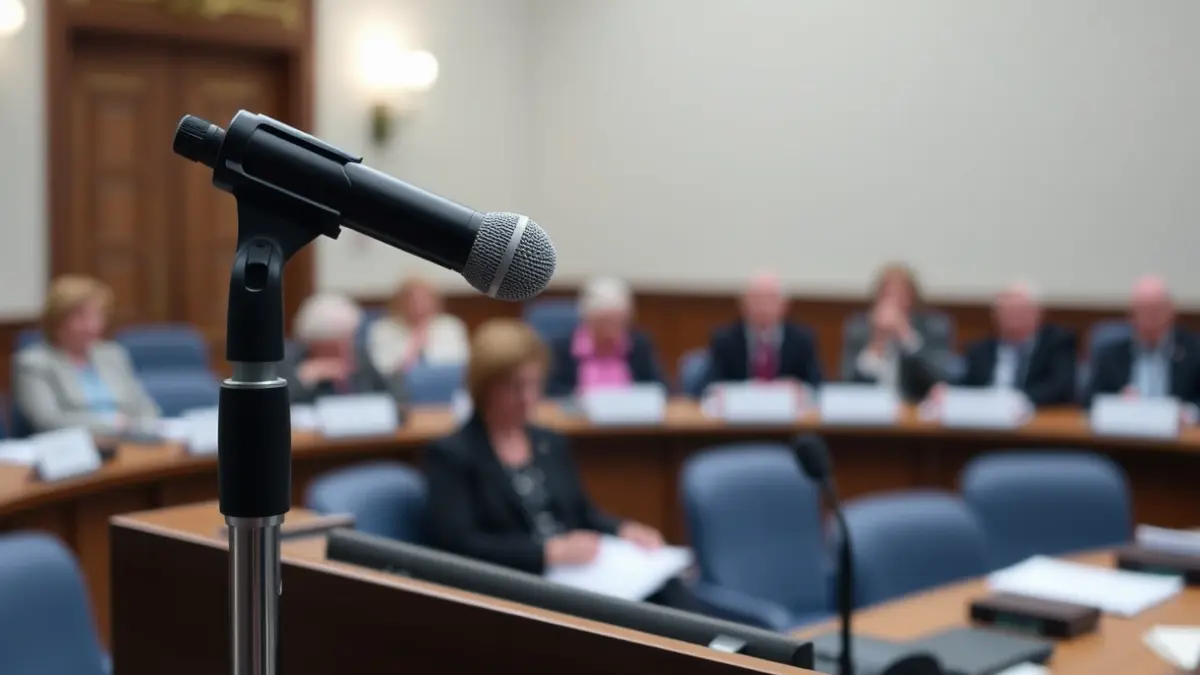 Generic image of a microphone on a podium during a parliamentary commission.
