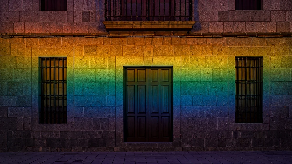 Facade of a traditional Canarian building with an abstract rainbow-colored light, symbolizing inclusion.