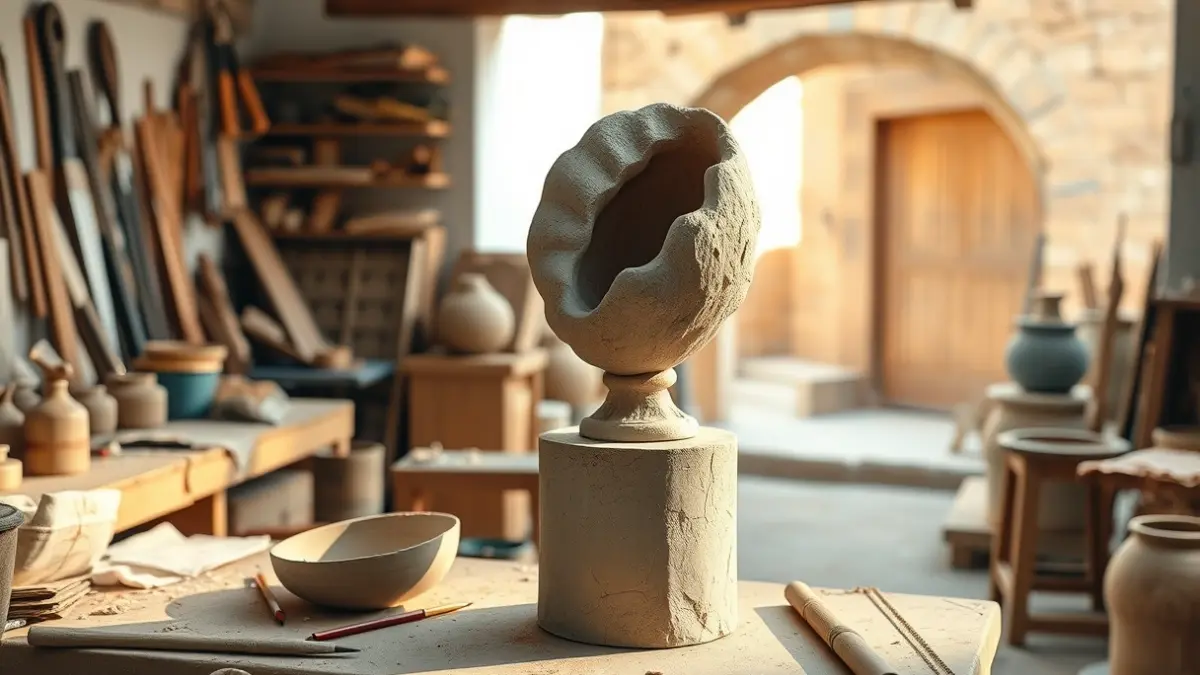 Imagen de un taller de escultura con una obra en proceso que representa un burgado.