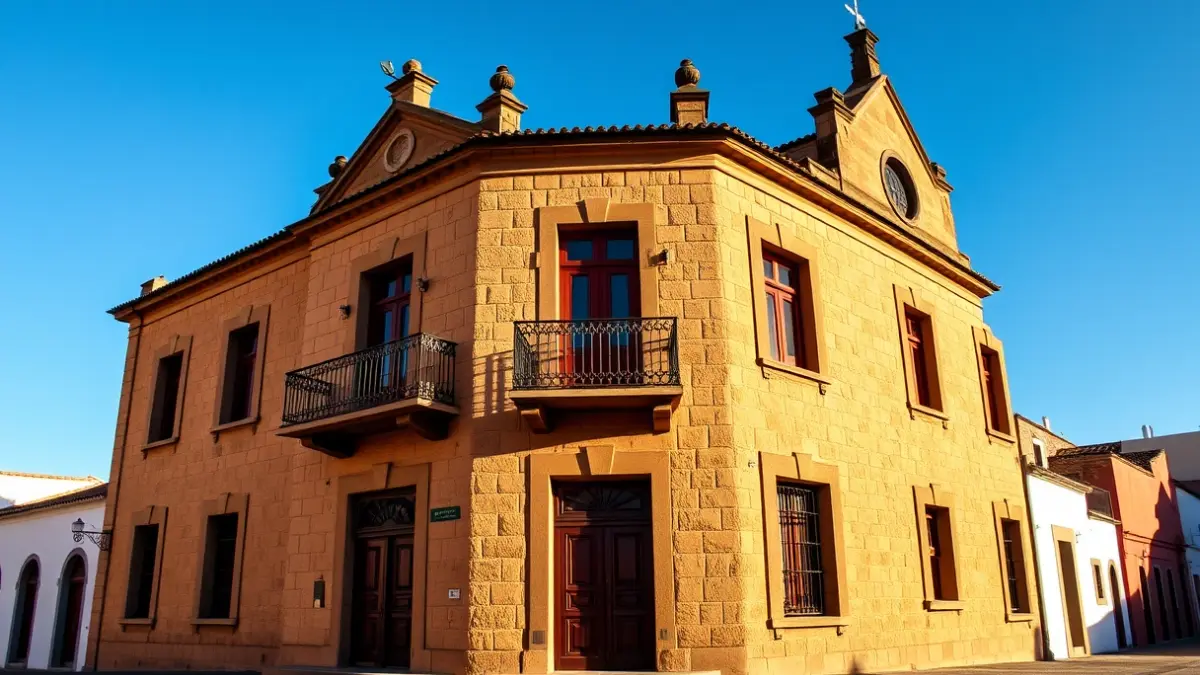 Facade of a Canarian institutional building with a balcony and sunlight.