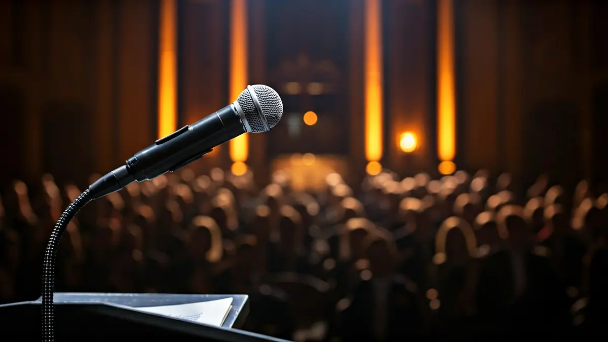 Generic image of a gala stage with a microphone at the podium and elegant lighting.