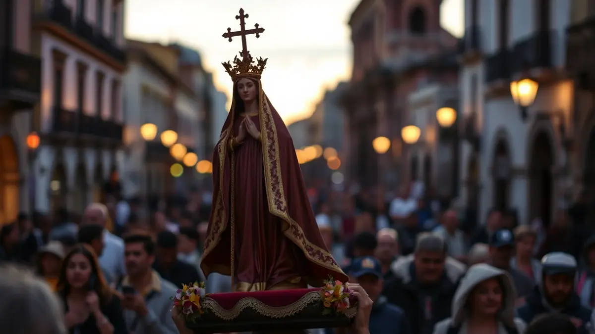 Imagen de una procesión religiosa con una figura de la Virgen María Auxiliadora en Las Palmas de Gran Canaria.