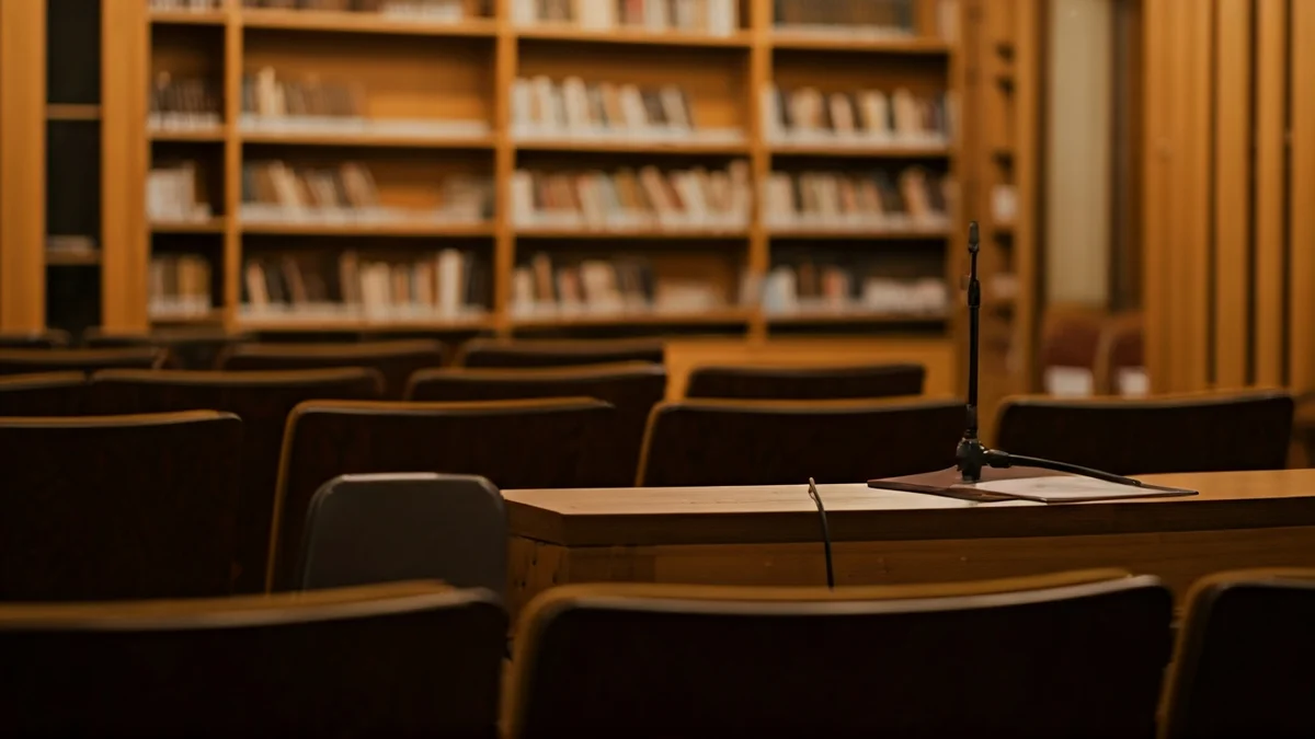 Imagen genérica de un interior de biblioteca con estanterías de madera y un podio con micrófono.