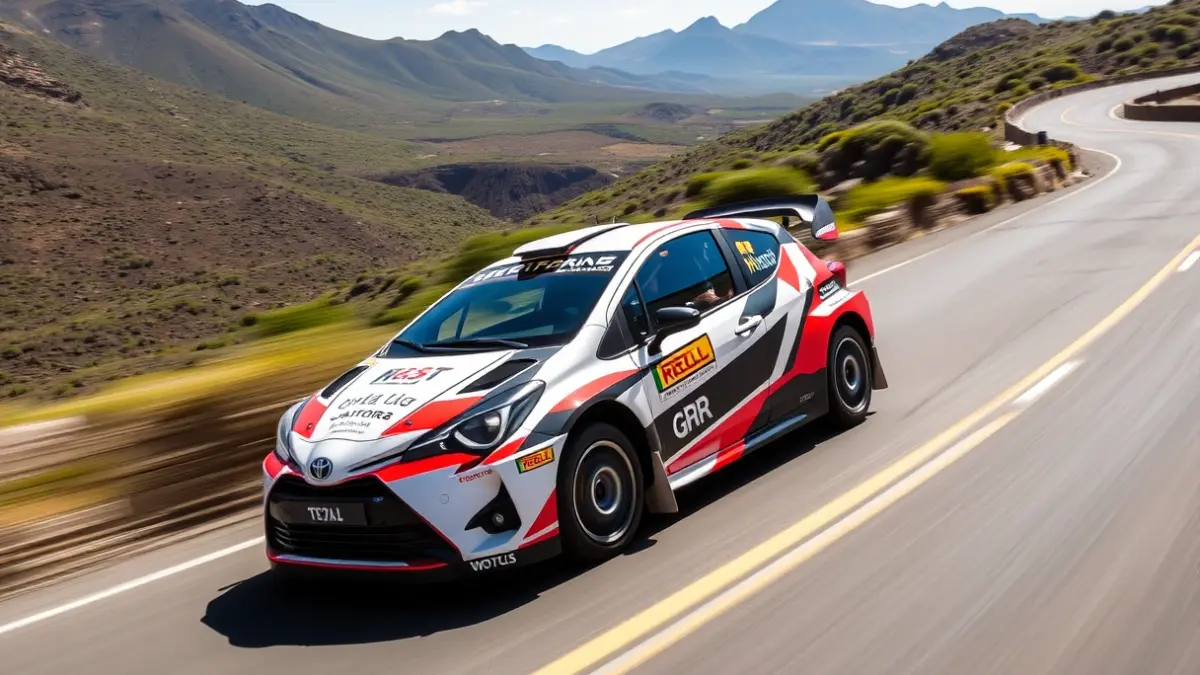 Imagen de un coche de rally en una carretera de montaña en Gran Canaria.