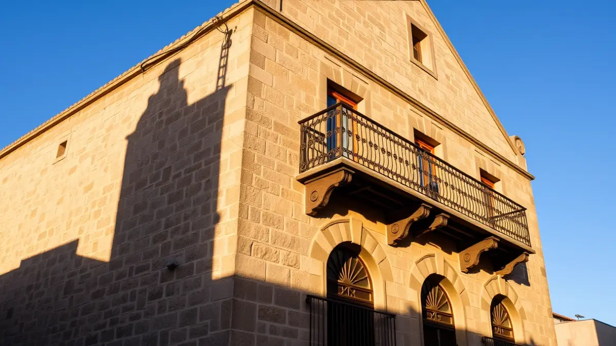 Fachada de un ayuntamiento canario con balcón y barandillas de hierro, bajo la luz del sol.