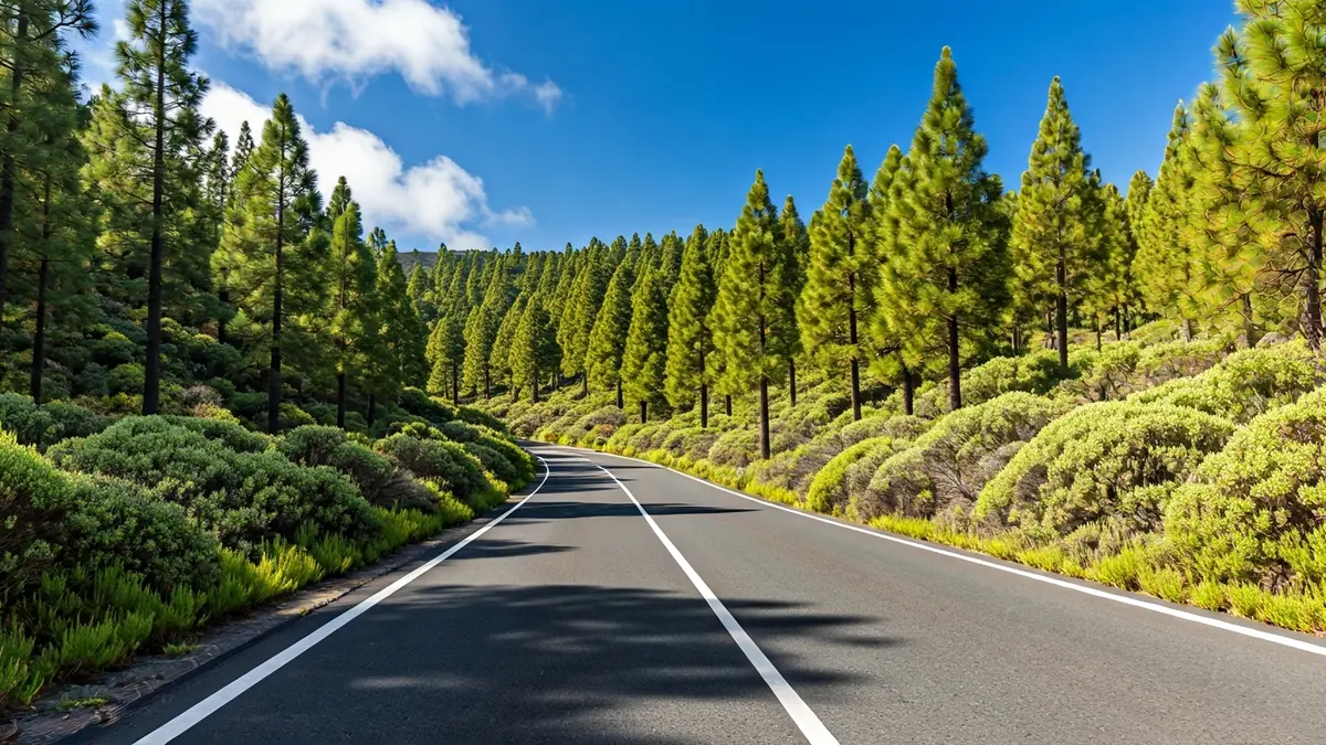 Imagen de una carretera serpenteante a través de un bosque en el Parque Rural de Anaga, Tenerife.