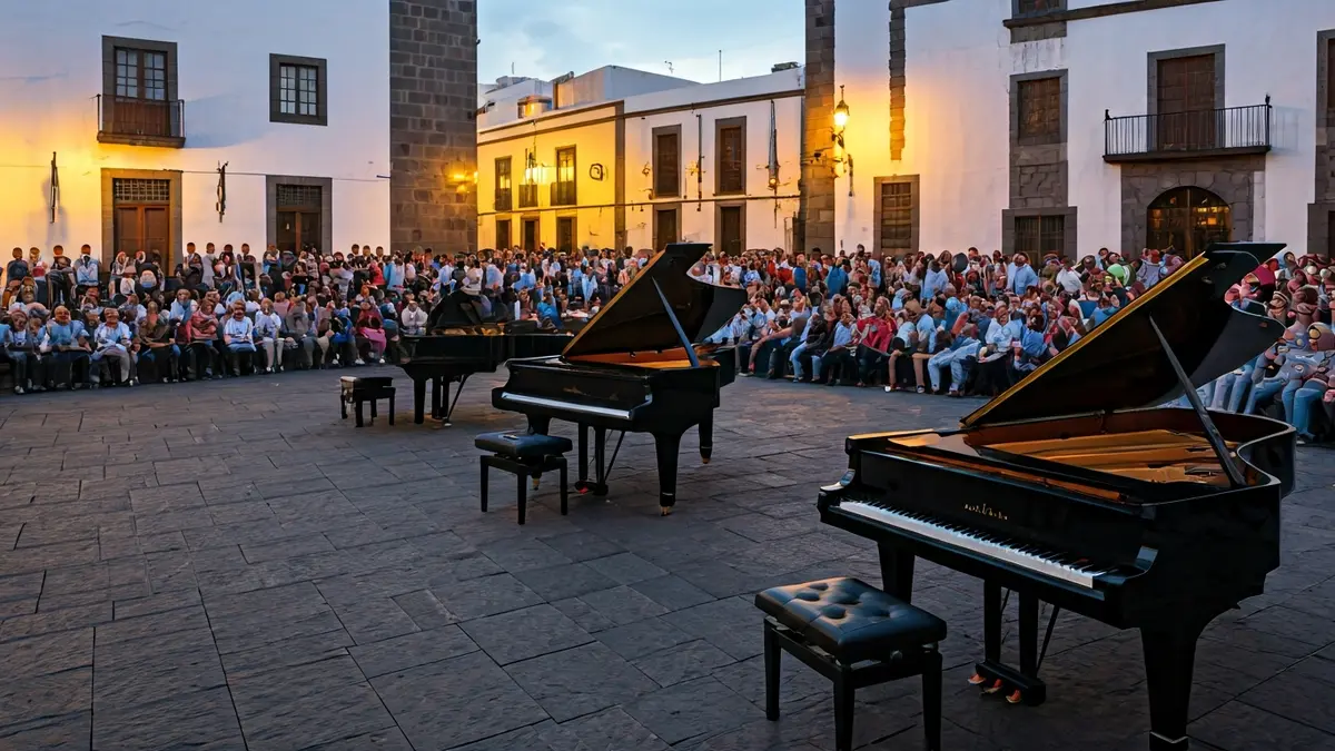 Image of grand pianos in historic squares of La Laguna during a musical event.