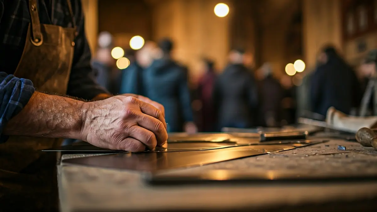 Manos de un artesano trabajando con hojalata, herramientas tradicionales y luz cálida de taller.
