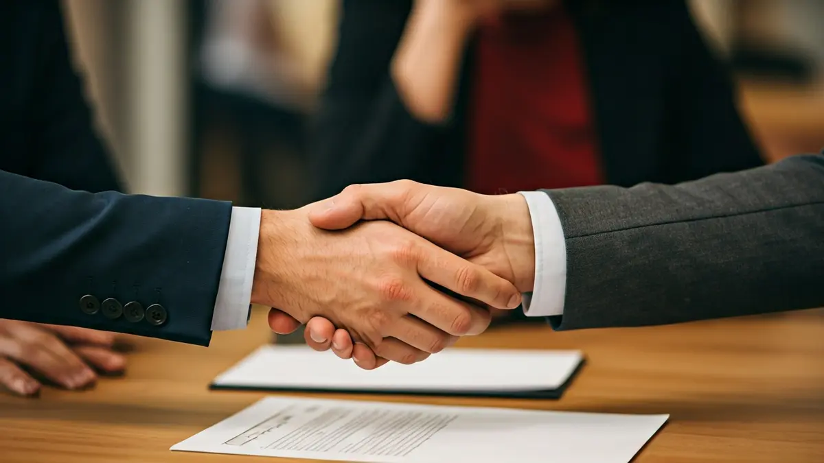 Generic image of two hands shaking over a blurred desk with paperwork, symbolizing agreement or collaboration.