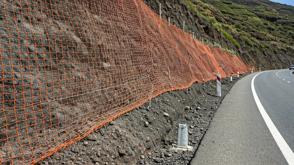 Slope stabilization work on a road in La Laguna, with machinery and containment nets.