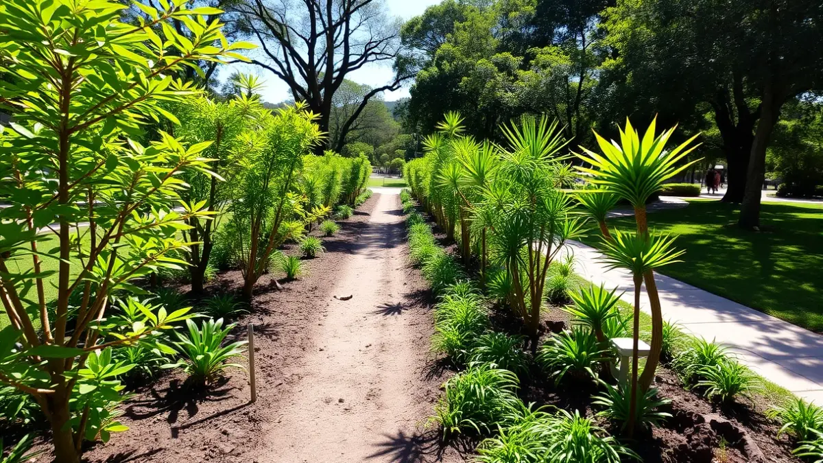 Imagen de un parque revitalizado con nuevas especies de flora canaria y suelo mejorado.