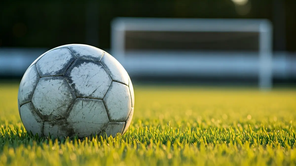 Generic image of a soccer ball on grass with a blurred goal in the background.