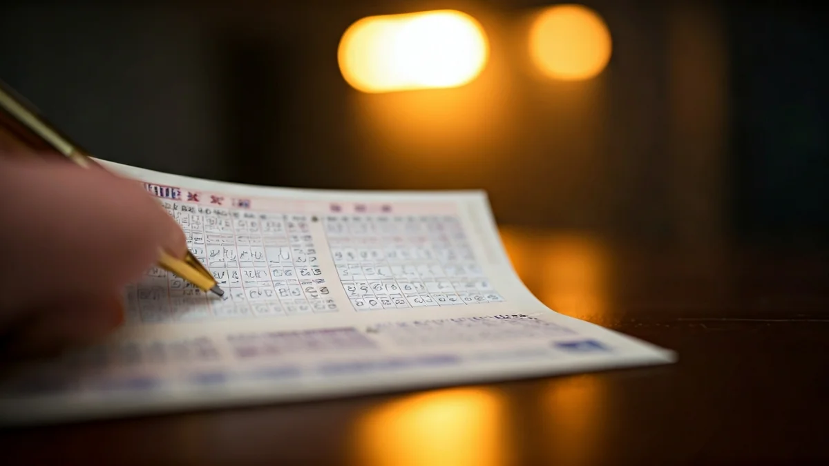 Imagen genérica de un décimo de lotería con números borrosos y una mano sosteniendo un bolígrafo.