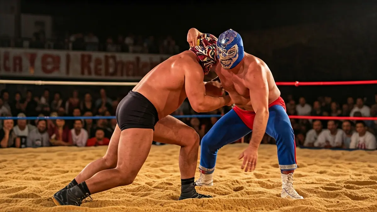 Imagen de dos luchadores canarios en plena acción en un terrero de lucha.