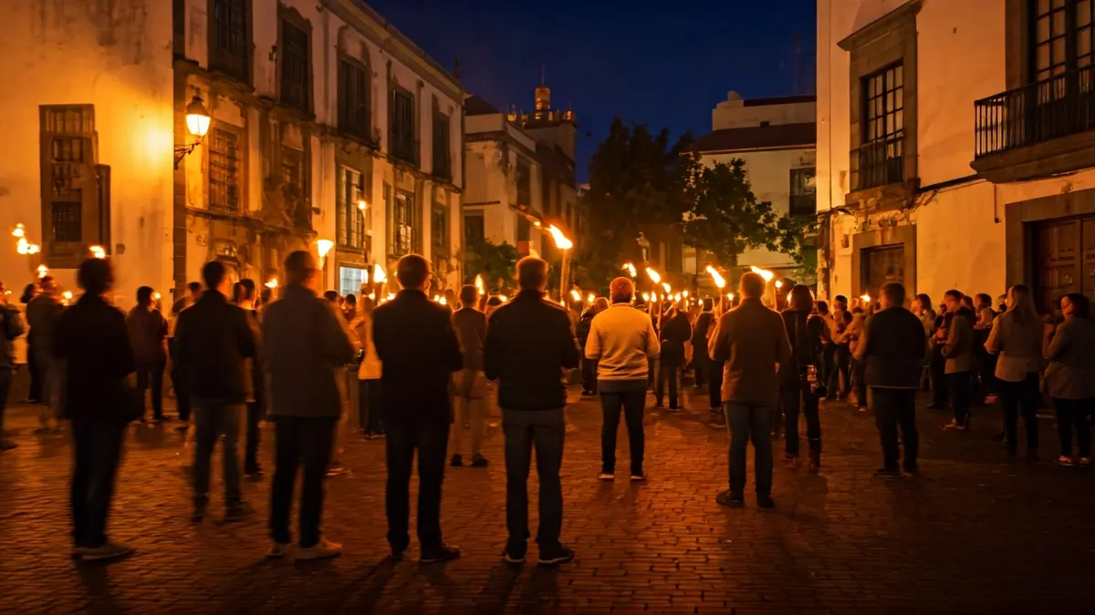 Image of people with torches at a night celebration in a Canarian village.