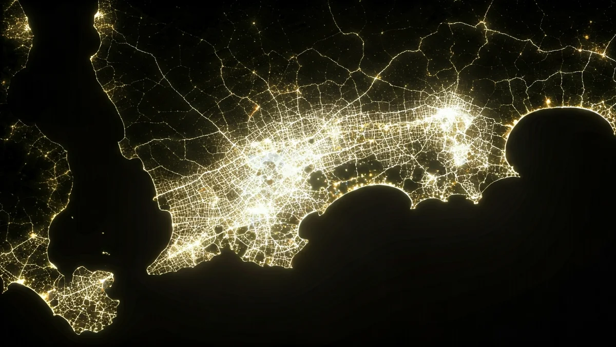 Imagen satelital de una isla por la noche, mostrando la contaminación lumínica de las ciudades.
