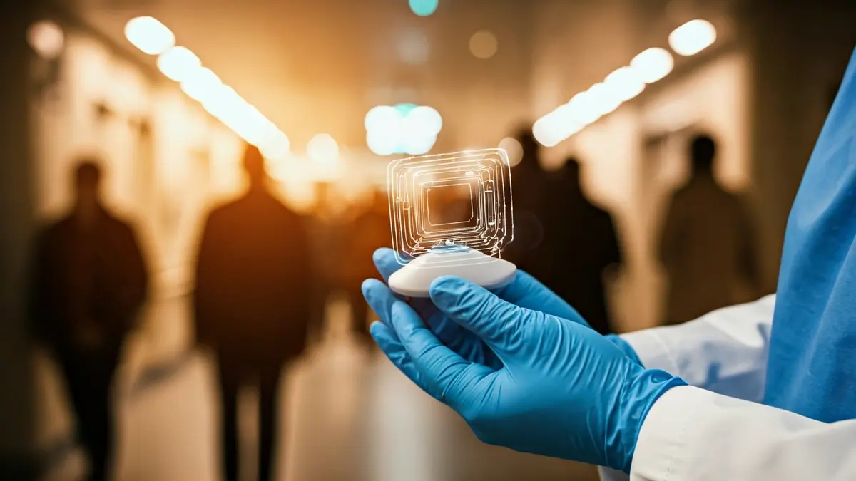 Imagen de manos de un profesional médico con guantes azules, sosteniendo un dispositivo futurista, con un pasillo de hospital borroso de fondo.
