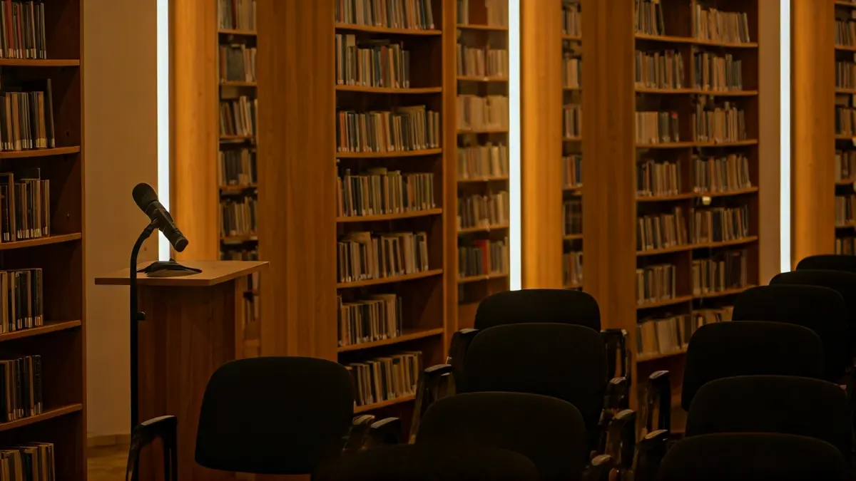 Imagen genérica de una biblioteca con un podio y sillas, iluminada cálidamente.