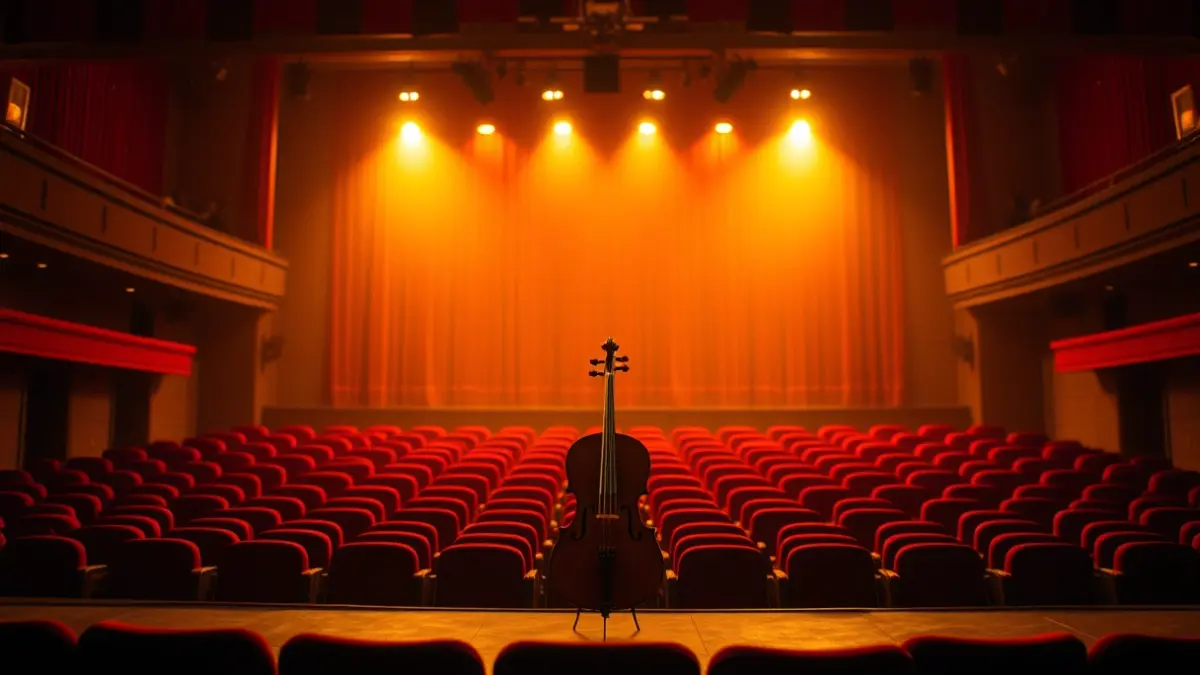 Imagen genérica de un escenario de teatro con un violonchelo iluminado.