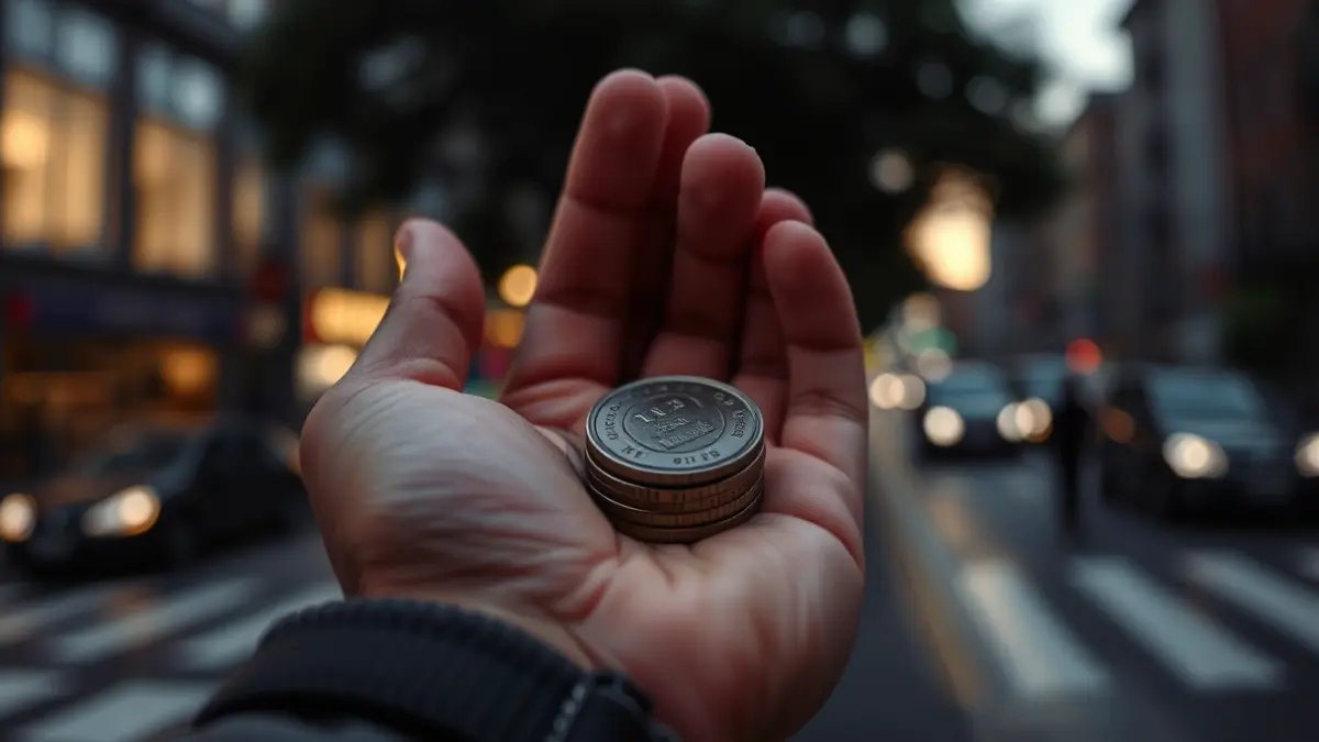 Imagen genérica de una mano sosteniendo monedas, con un fondo urbano difuminado al anochecer.
