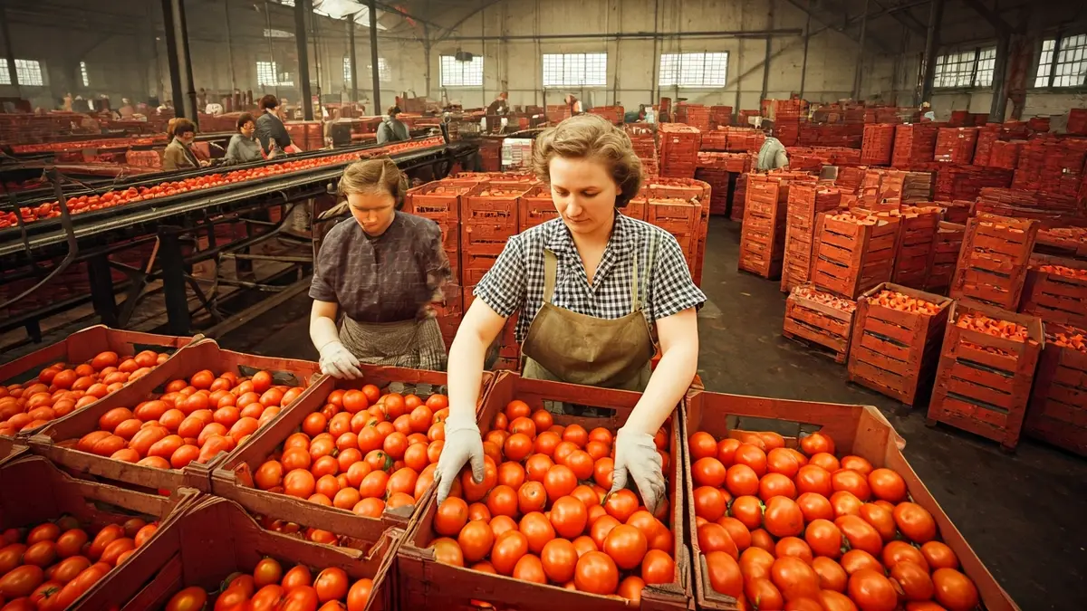 Image of women working in a tomato factory in the 1950s.