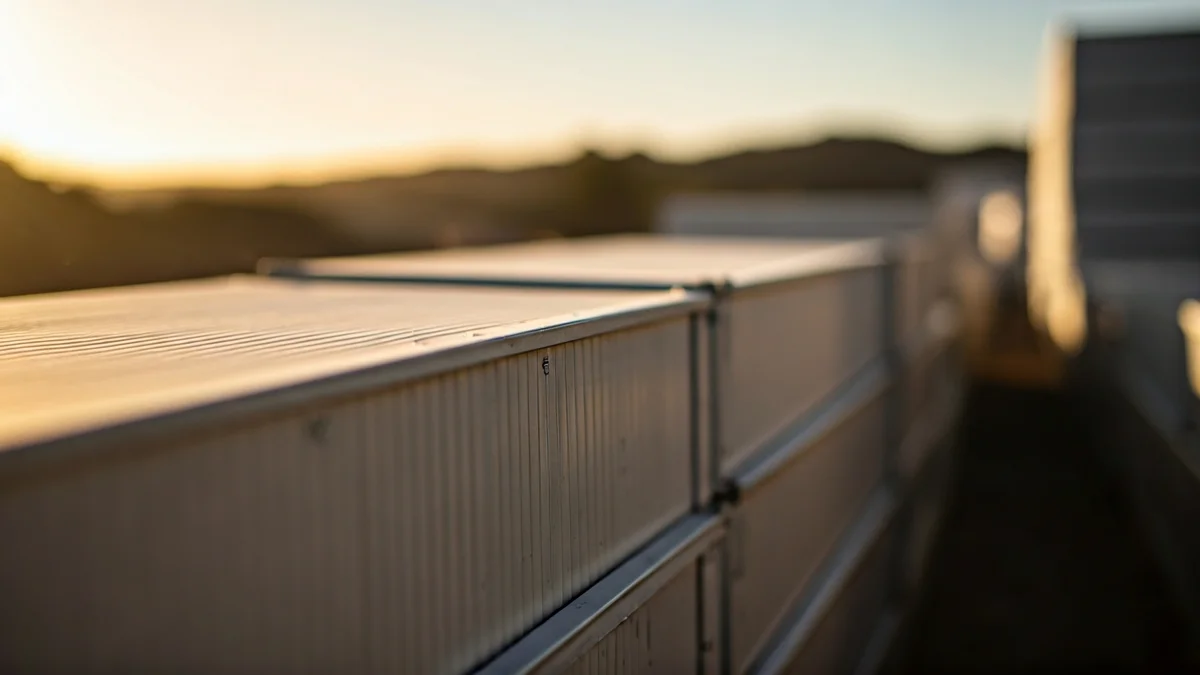 Image of stacked modular housing units or shipping containers on a construction site.