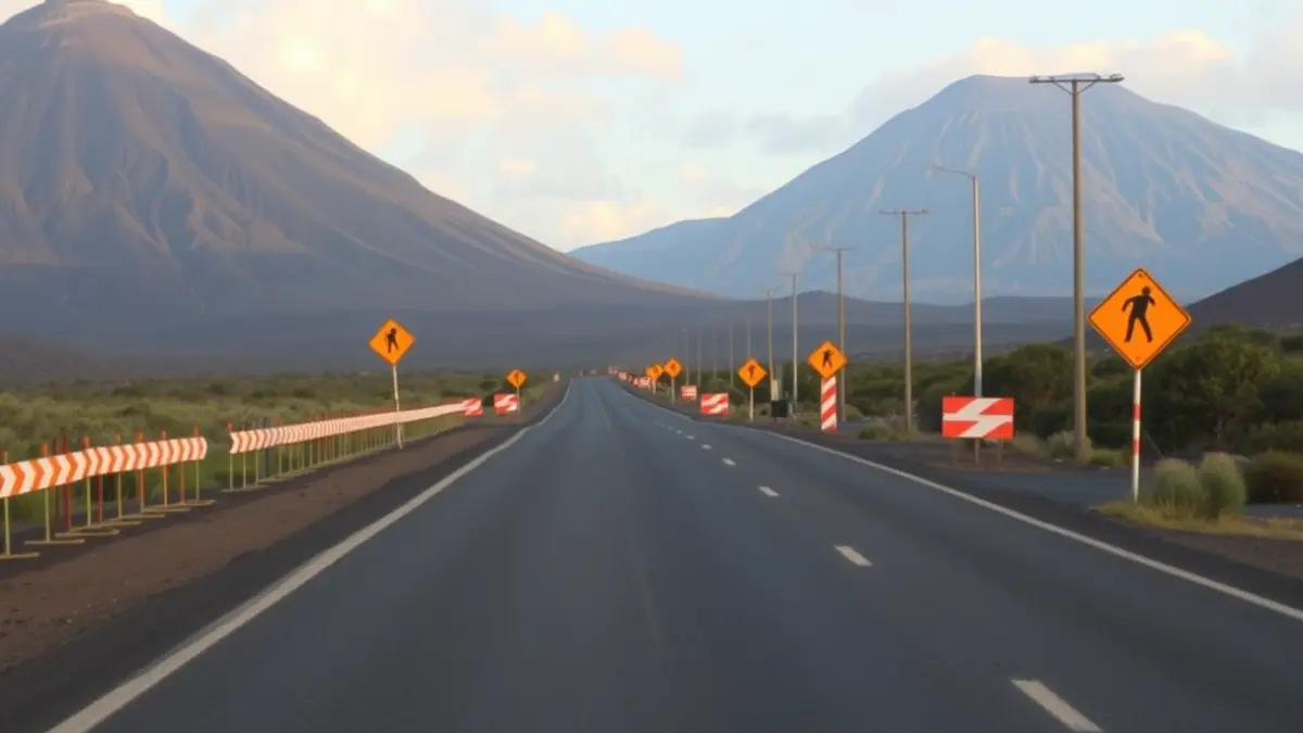Image of a rural road in Fuerteventura with roadwork signs.