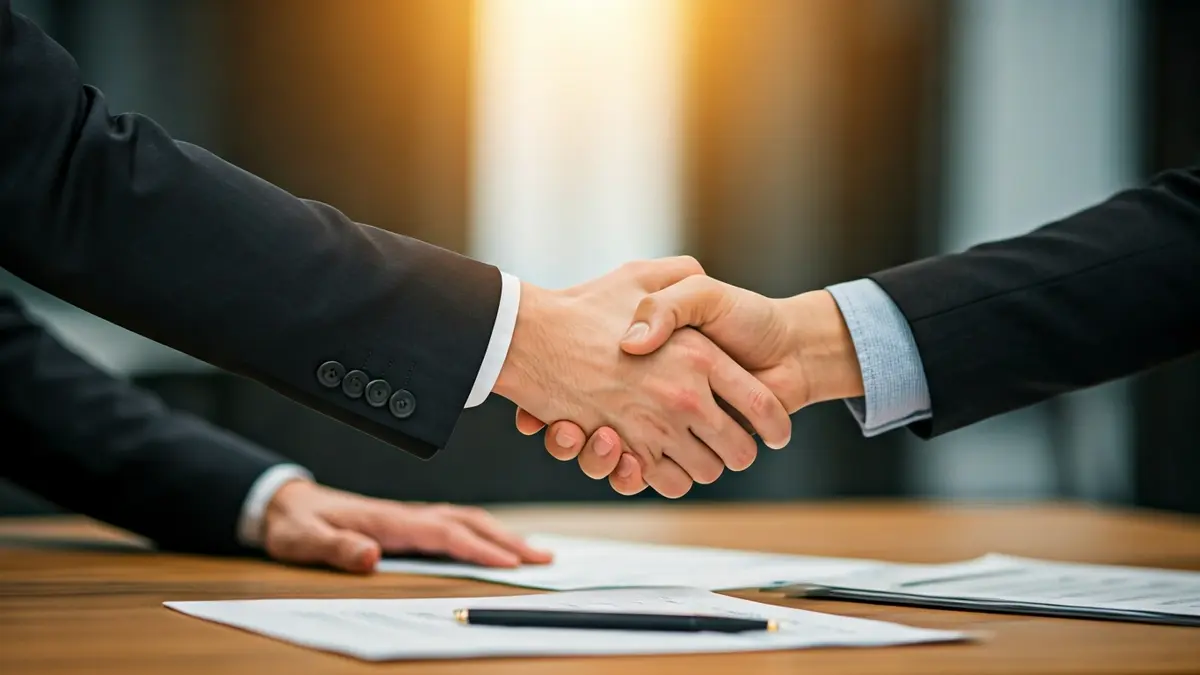 Generic image of two people shaking hands over a desk with blurred documents, symbolizing an employment agreement.