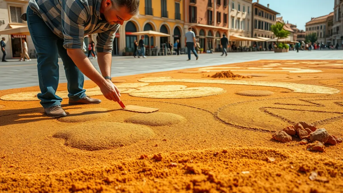 Imagen de una alfombra de tierra volcánica y arena siendo elaborada en una plaza, con motivos naturales y colores cálidos.