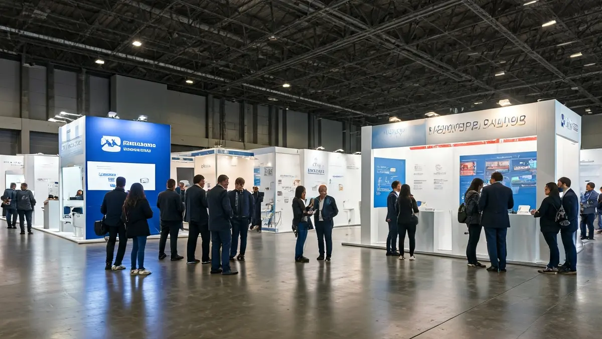 Imagen de una feria de empleo con personas interactuando en diferentes stands y zonas de asesoramiento.