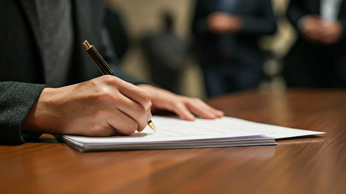 Imagen genérica de manos firmando documentos, simbolizando trámites administrativos.