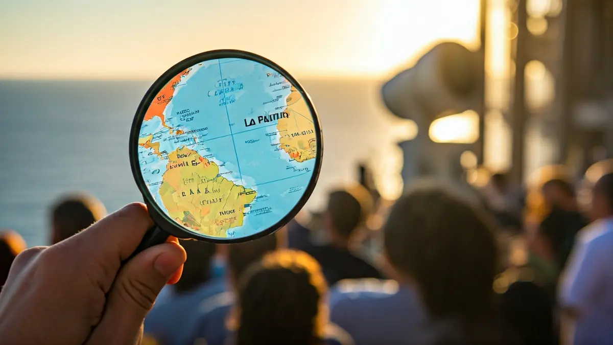 Imagen de una mano con una lupa sobre un mapa de las Islas Canarias, destacando La Palma, con el océano y equipos científicos desenfocados.