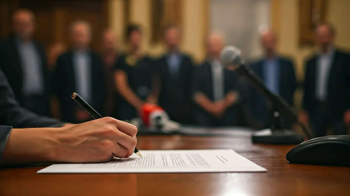 Generic image of a hand signing a document, symbolizing political agreements.