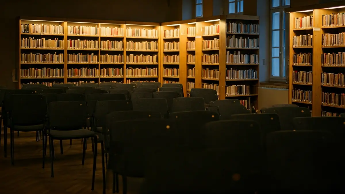 Imagen genérica de una biblioteca con estanterías de madera y un podio con micrófono, con sillas vacías y luz cálida.