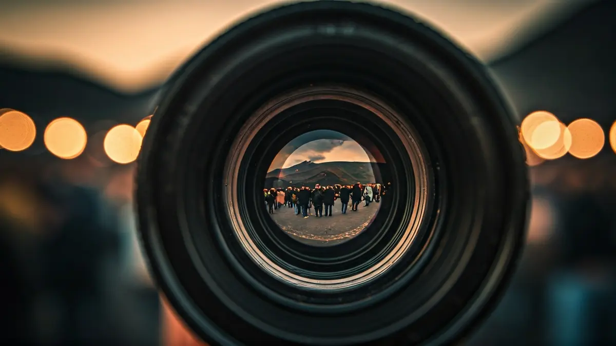 Generic image of a film camera lens, with a blurred volcanic landscape in the background.