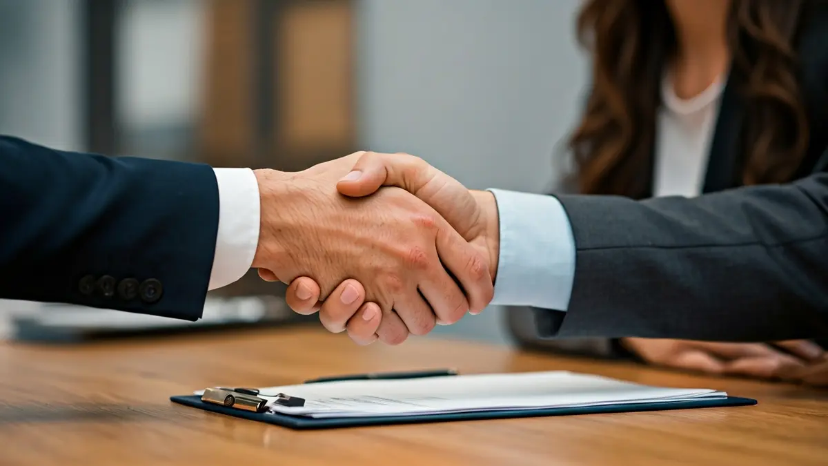 Generic image of two people shaking hands over a desk, symbolizing agreement or collaboration.