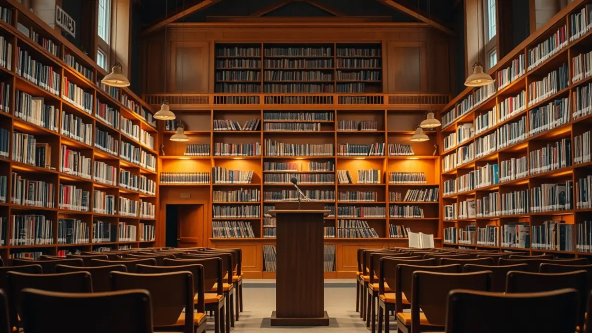 Generic image of a library interior with wooden bookshelves and a podium with a microphone, evoking a cultural presentation atmosphere.