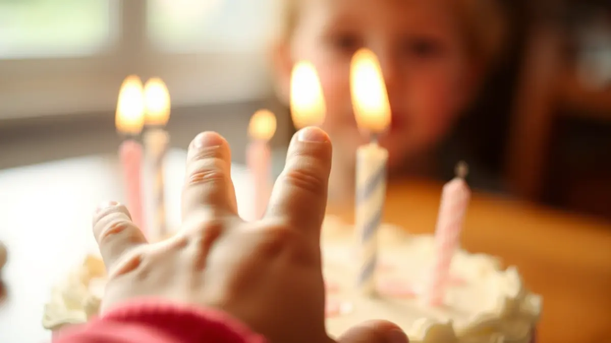 Image of a child's hand reaching for a blurred birthday cake.