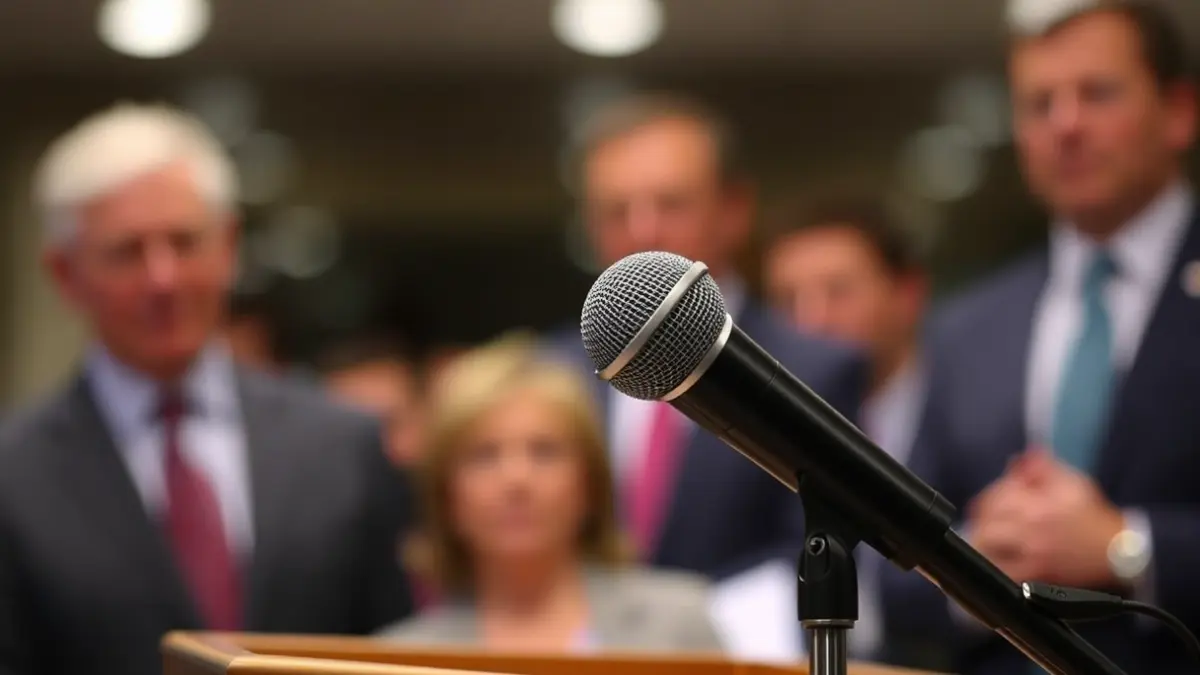 Imagen genérica de un micrófono en un podio durante una conferencia de prensa.