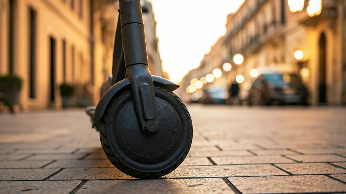 Imagen genérica de la rueda de un patinete eléctrico aparcado en una acera.