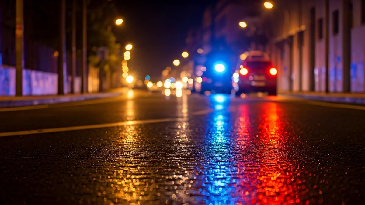 Imagen genérica de luces de emergencia reflejadas en el asfalto mojado por la noche.