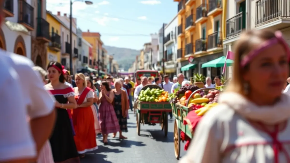 Imagen de una romería tradicional canaria con carretas y gente vestida con trajes típicos.