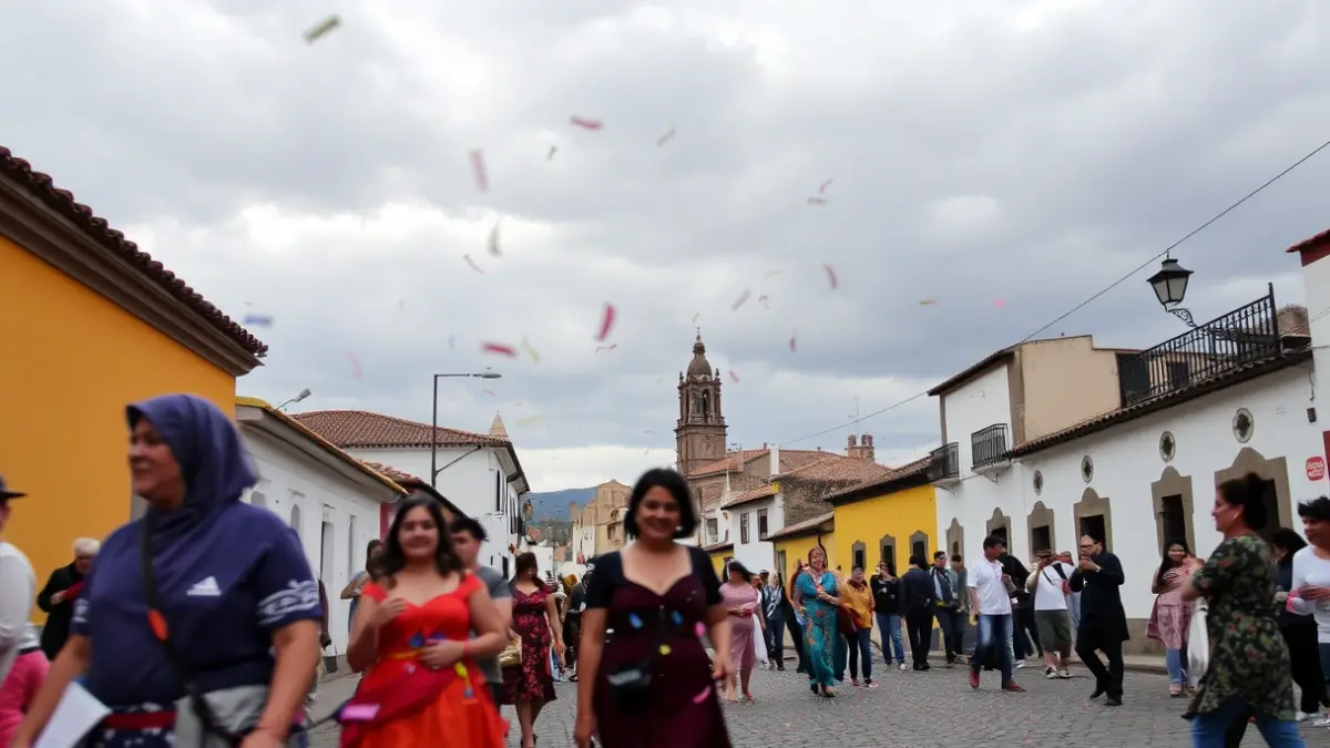 Image of a traditional pilgrimage in a Canarian village with a festive atmosphere and cloudy sky.