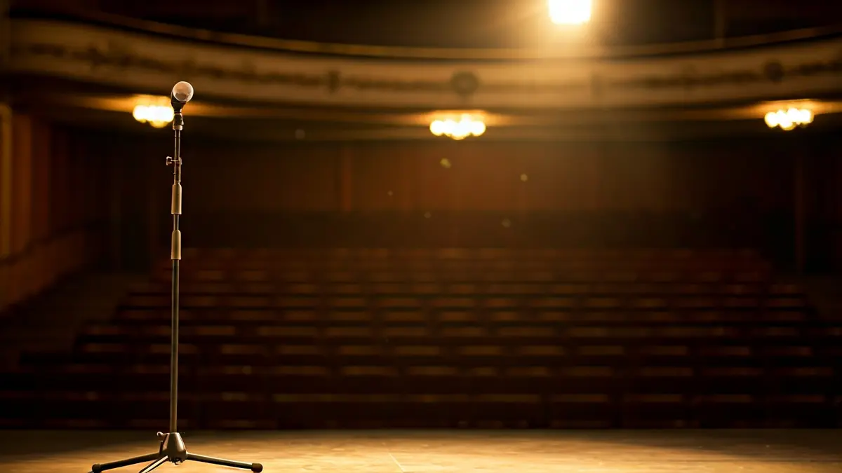 Imagen genérica de un escenario de teatro con un micrófono y asientos vacíos.